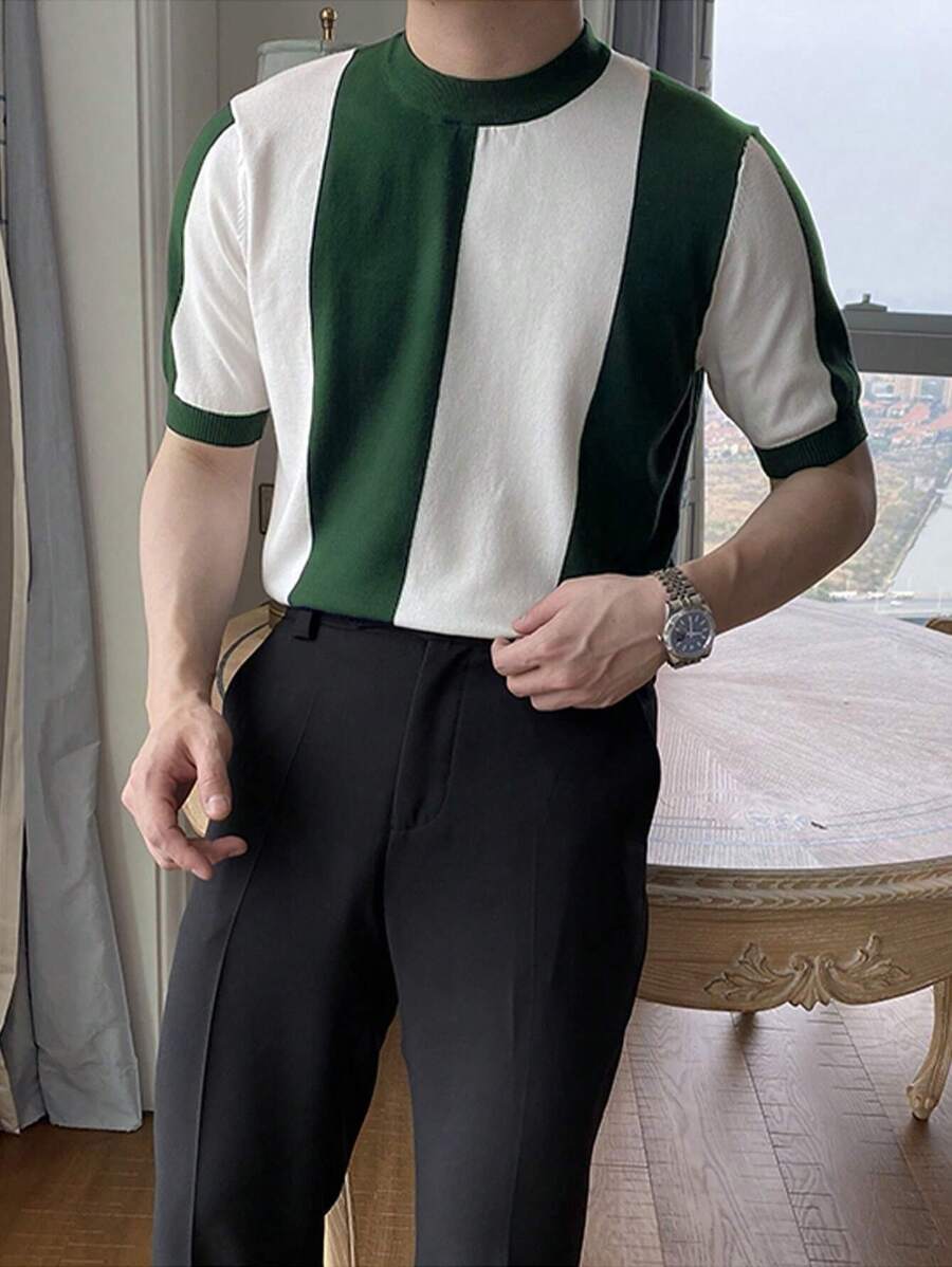 Hombres Top de punto de color combinado de cuello redondo