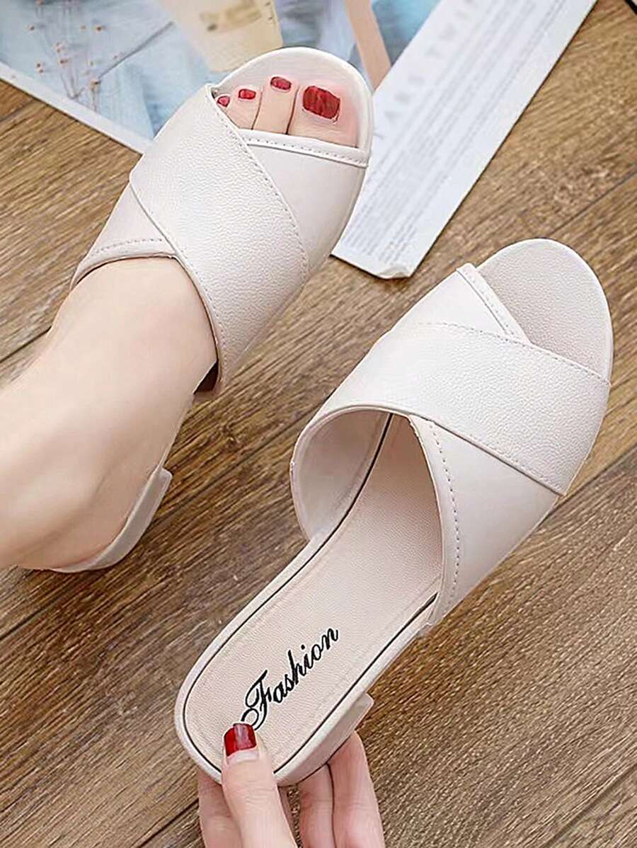 Fashionable Plastic Criss-Cross Strap Thick-Heeled Slides, Suitable For Indoor And Outdoor Use