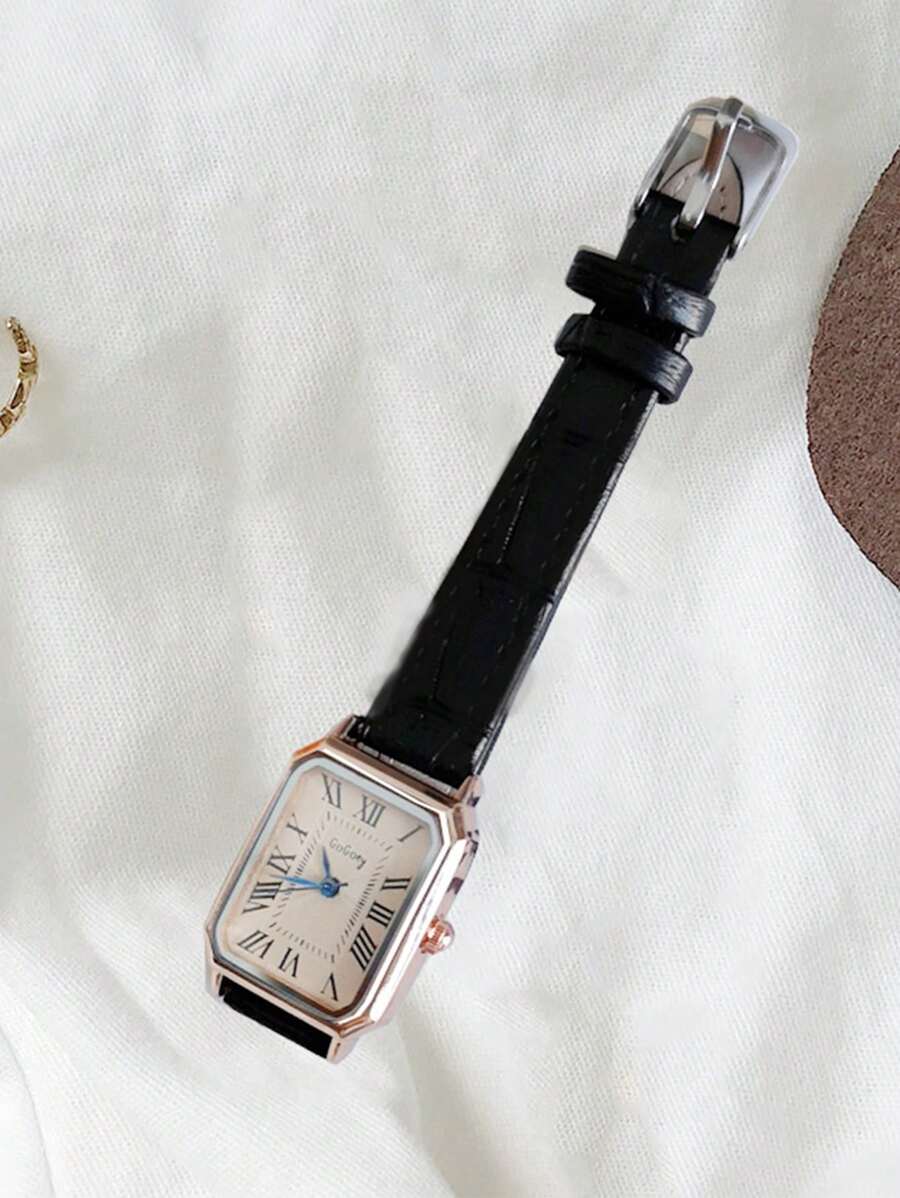 1pc Minimalist Women's Rectangular Roman Numeral Dial Bamboo-Patterned Leather Band Watch, Suitable For Daily Outfit, Birthday, Anniversary Gift