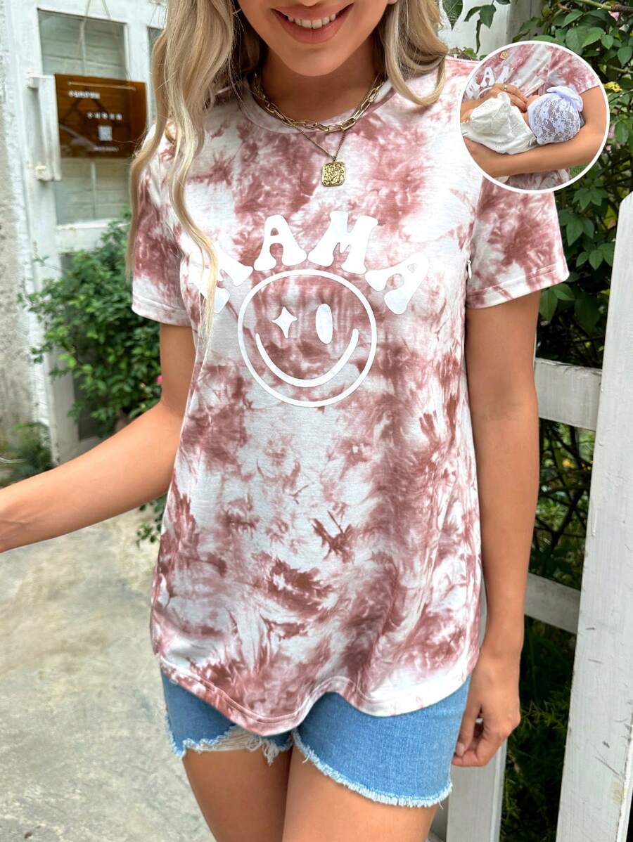 SHEIN Maternidad 1 pieza Camiseta con estampado de dibujos animados de tie dye amamantamiento