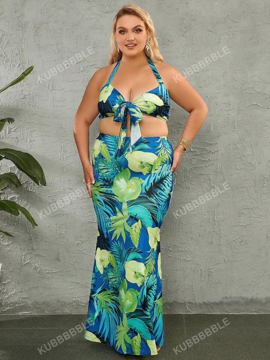 Plus Tropical Print Tie Front Halter Crop Top & Summer Holiday Maxi Skirt Set