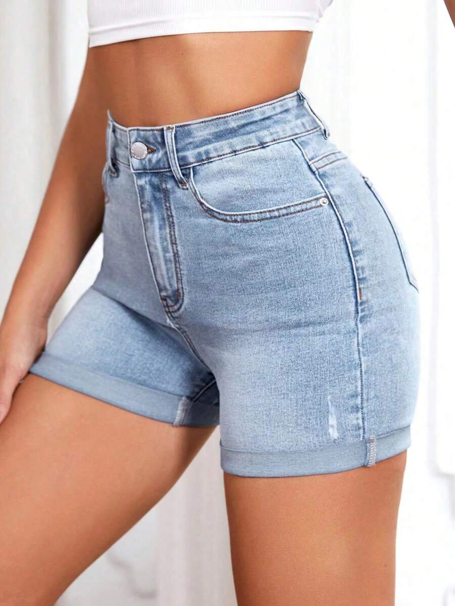 SHEIN Essnce Roll Up Hem Denim Shorts