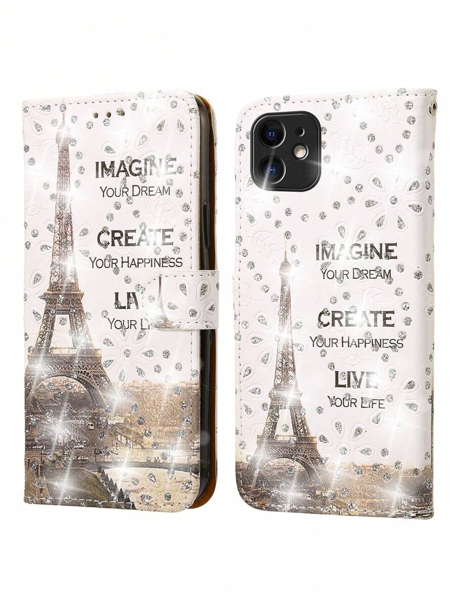 GLANDOTU Phone Case Wallet PU Leather Bag Glitter Girl White Tower Flip Case Compatible With Samsung Galaxy And Other Phone Models