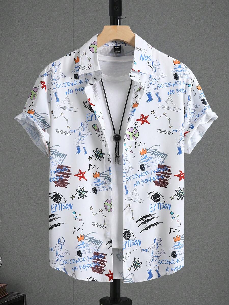 Manfinity Hypemode Heren Graffiti Print Grafisch Casual Kraag Korte Mouw Overhemd Zonder T-shirt, Voor Vakantie