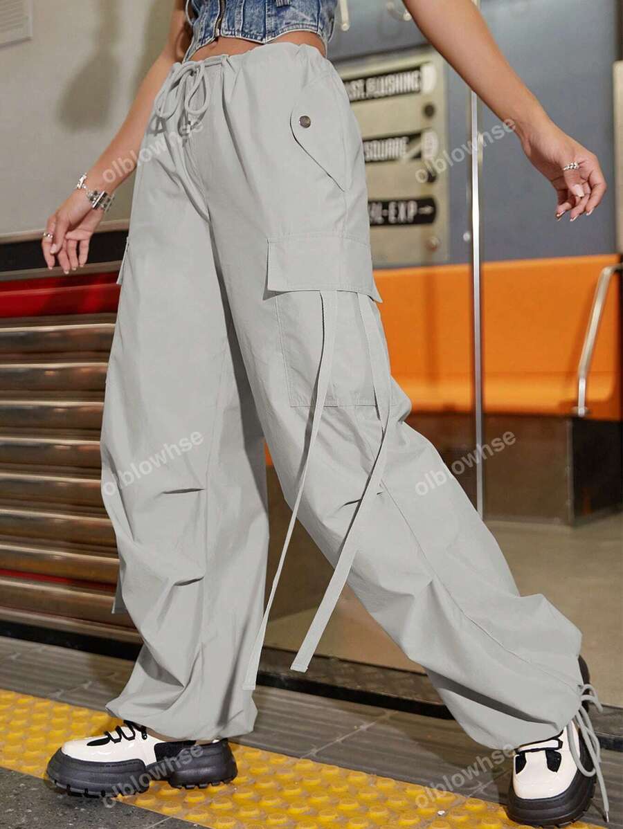 Y2K Street Solid Drawstring Waist Flap Pocket Tape Detail Loose Casual Wear Wide Leg Parachute Cargo Pants
