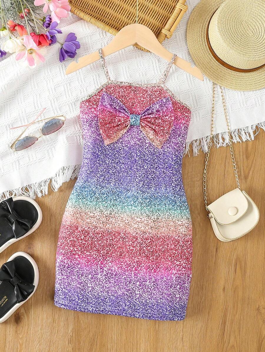 SHEIN Kleine Mädchen Lässig Urlaub Mehrfarbiges Kleid mit großer Schleife, geeignet für Strand, Sommer
