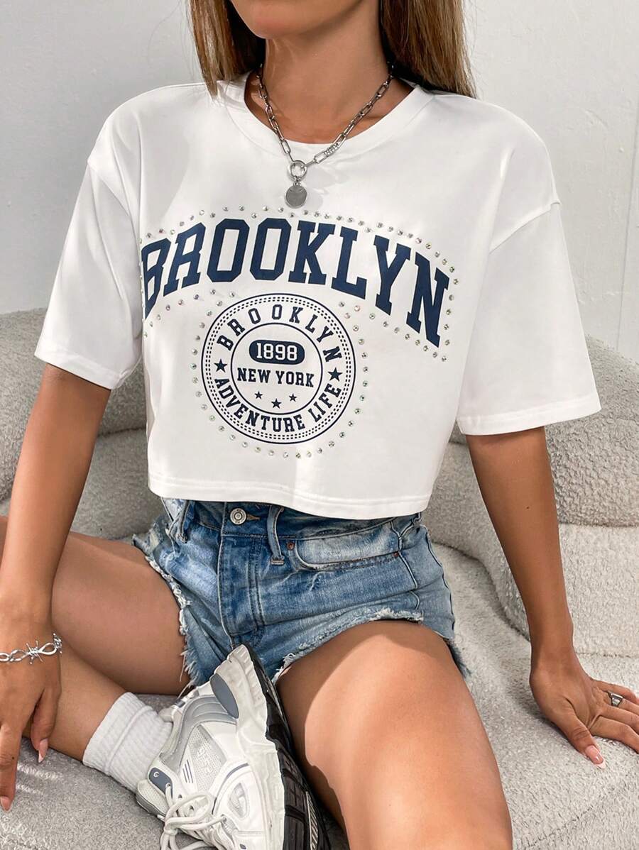 SHEIN MOOSTA Camiseta de manga caída con gráfico de letra, blusas con gráficos para mujeres
