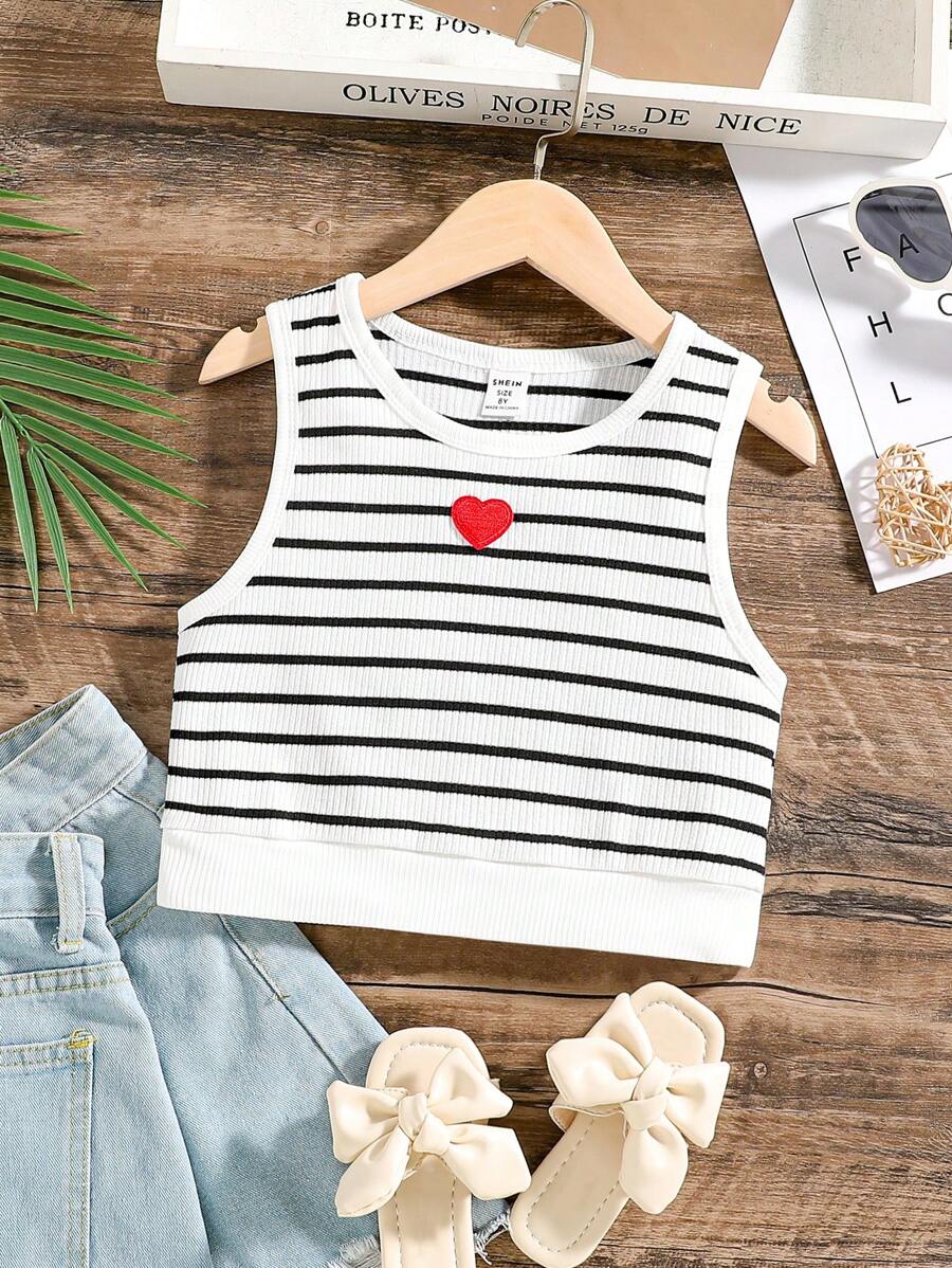 SHEIN Camiseta De Tirantes Para Niñas Jóvenes Con Rayas Y Corazones Impresos