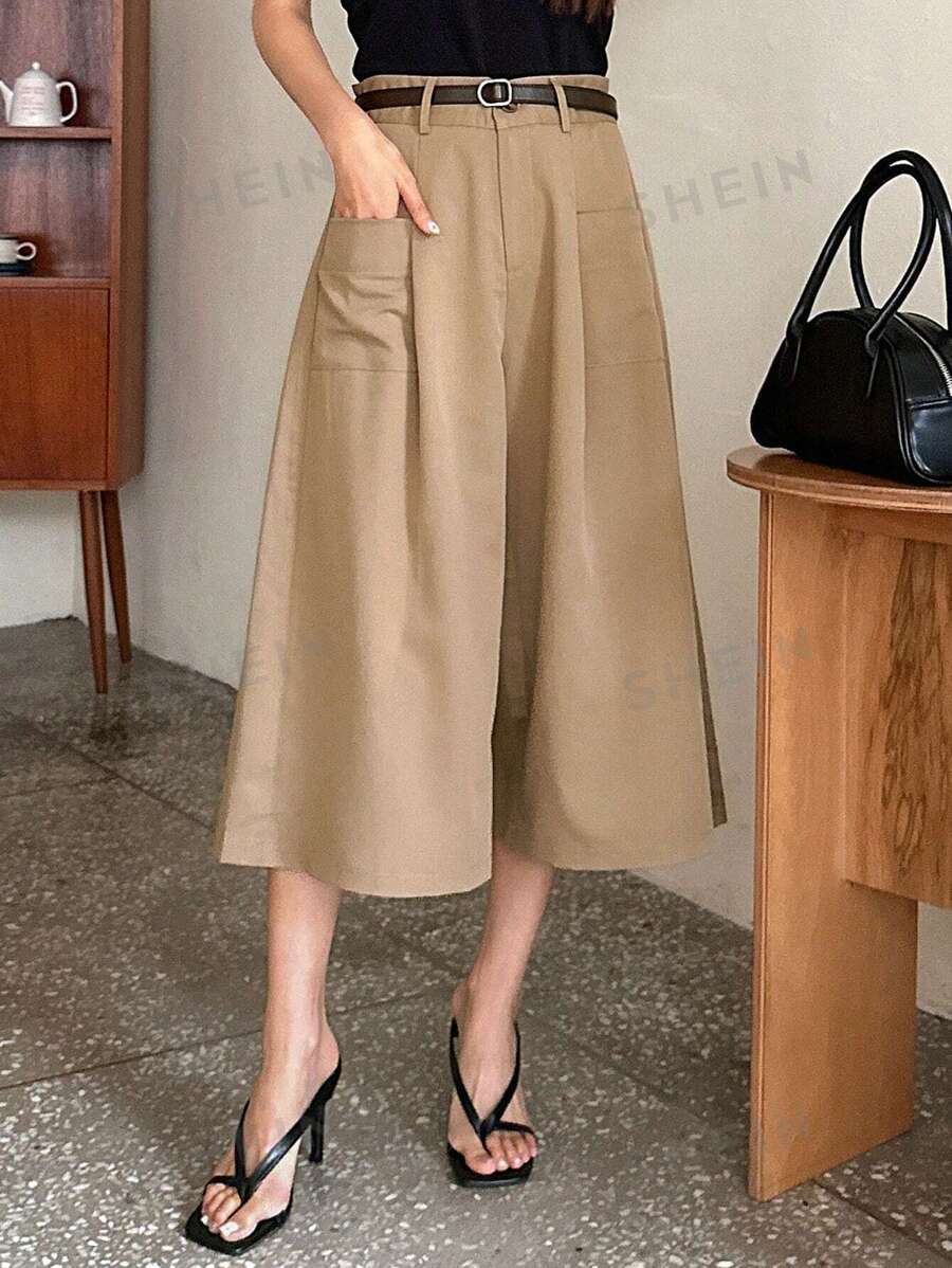 DAZY Pantalones de pierna ancha de 7/8 de largo de unicolor, estilo casual elegante