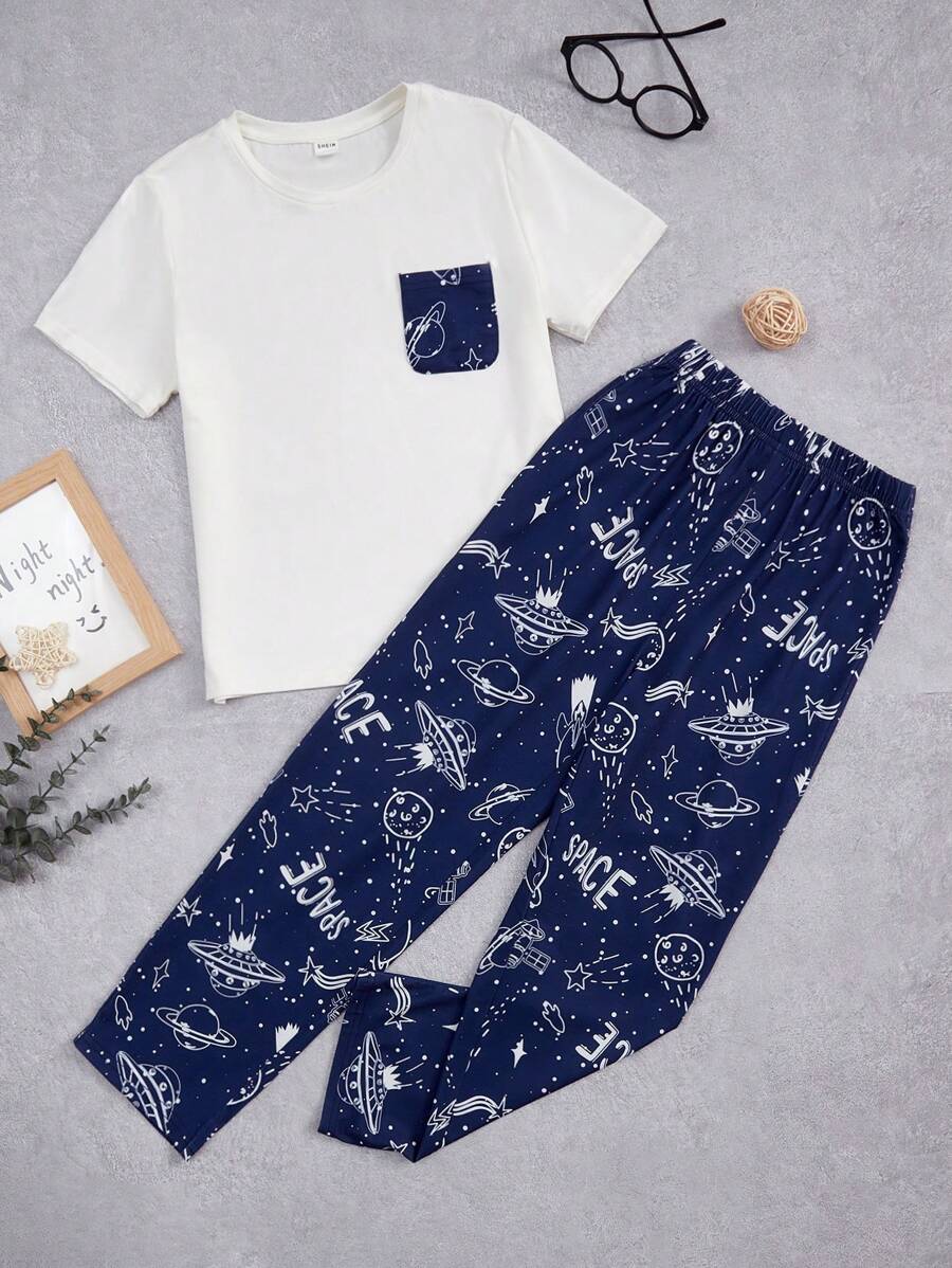 SHEIN Tween Boy Flame Retardant Casual Printed Short-Sleeve Tee With Pocket And Printed Straight-Leg Long Pants Pajama Set