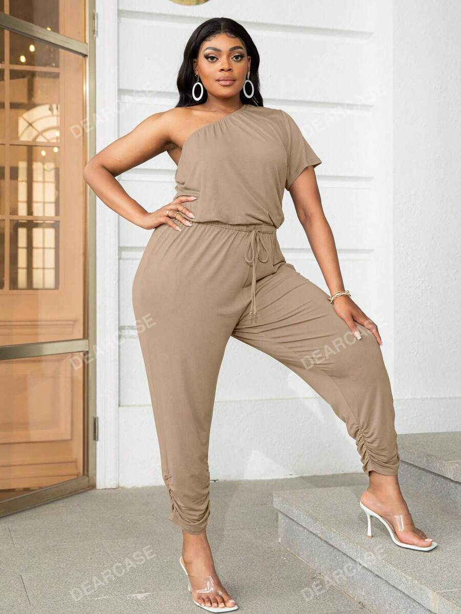 DEARCASE Plus One Shoulder Drawstring Waist Ruched Hem Jumpsuit