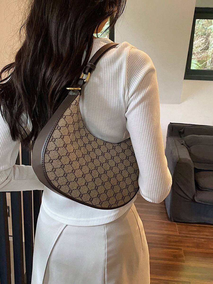 SHIMEINI 1pc 2025 New Vintage Pattern Half Moon Shape Shoulder Handbag For Women, Daily Use, Holiday & Party Gifts