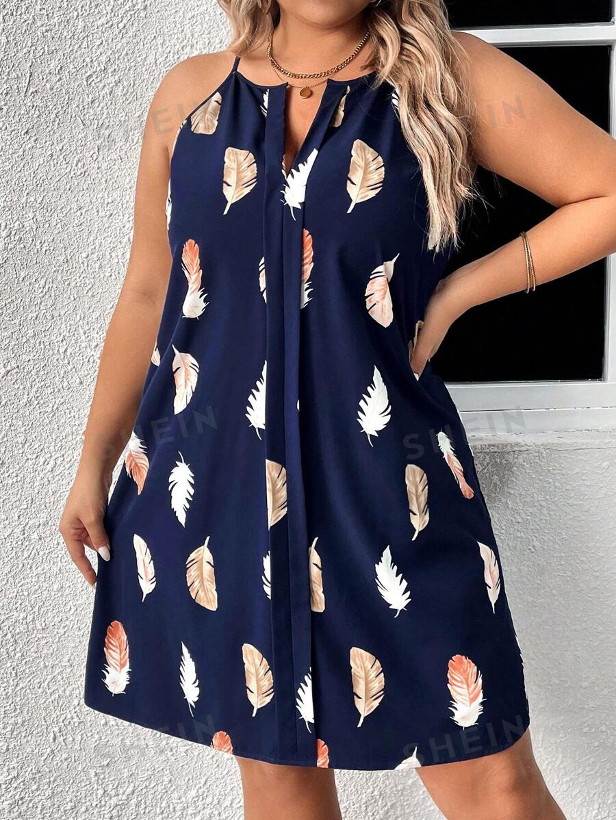 SHEIN LUNE Vestido De Verano De Tirantes Con Estampado De Plumas Y Escote Con Muesca (notched Neckline) Para Talla Grande