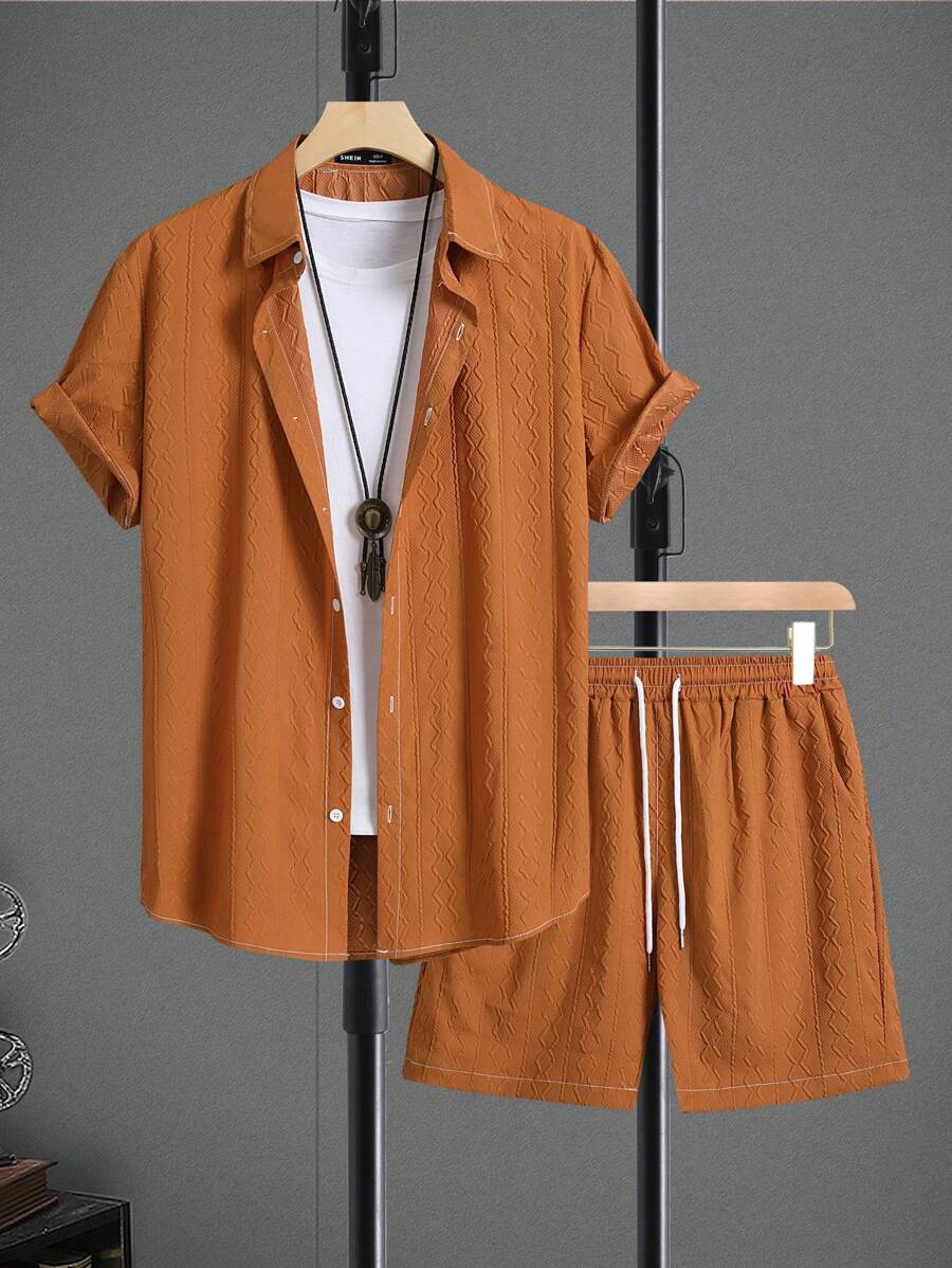 Manfinity Homme Men Solid Button Up Shirt & Drawstring Waist Shorts Without Tee
