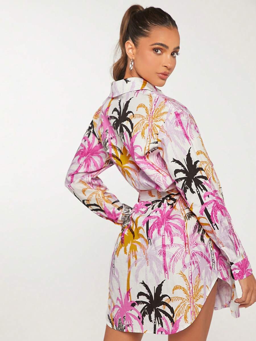 SHEINNeu Hemdkleid mit Tropenmuster, Gürtel,