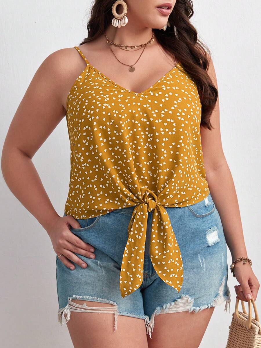 SHEIN VCAY Plus Allover Heart Print Knot Hem Cami Top