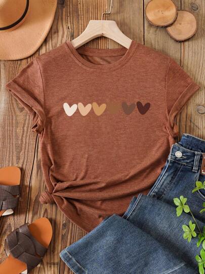 INAWLY Heart Print Tee Graphic Tees Women Tops