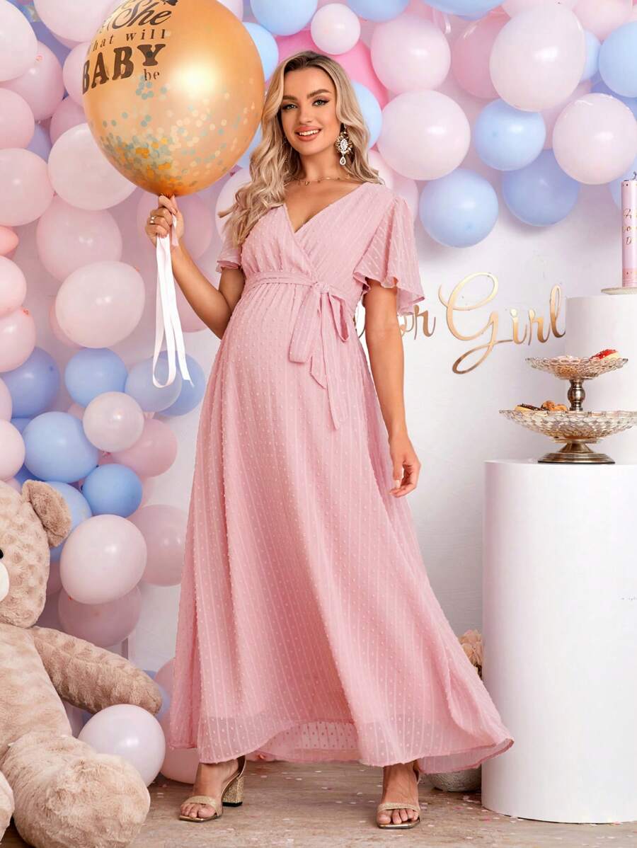 Loomaby Elegant Solid Color Dress For Pregnant Women, Baby Shower