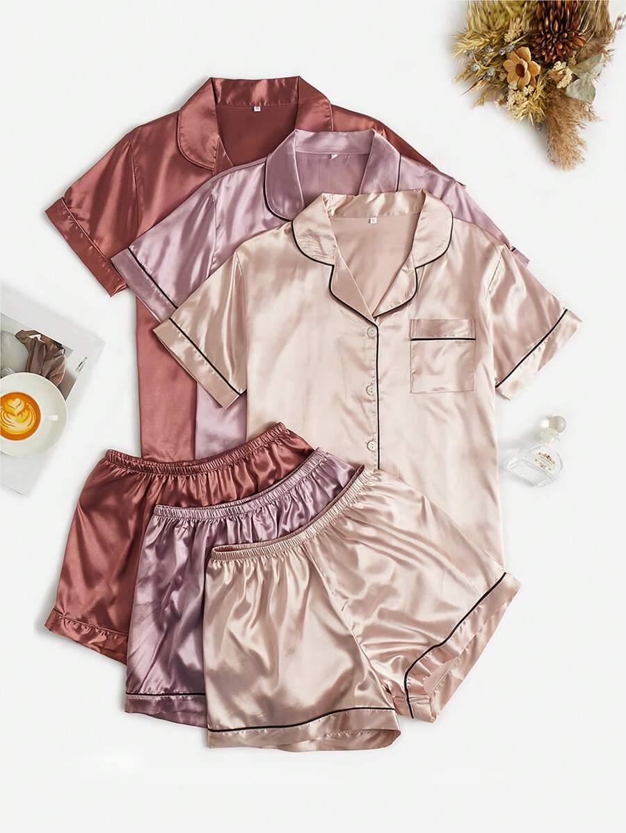Conjunto de 3 piezas de pijama/conjunto de pijama con cuello satinado, fruncido delantero, para vacaciones