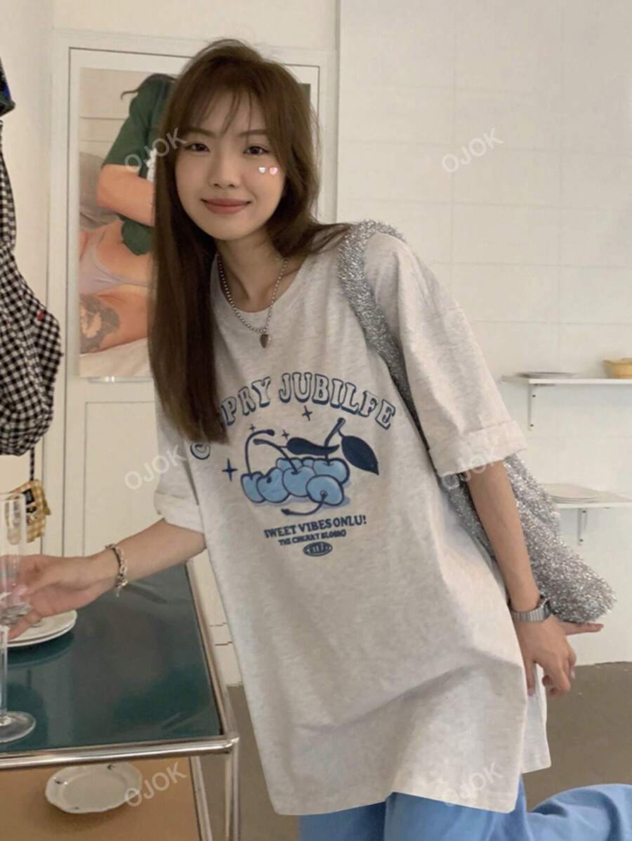 Women's Loose Letter & Cherry Print Short Sleeve T-Shirt, Summer