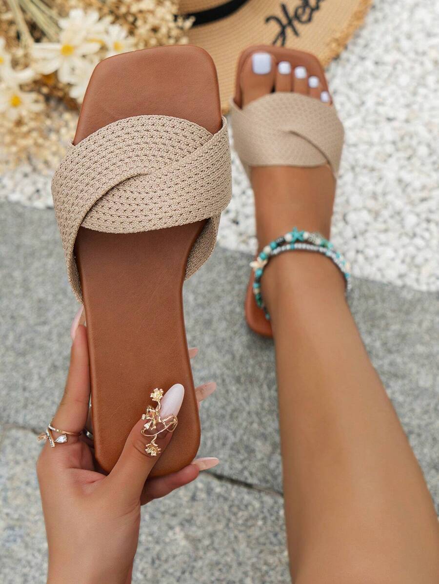Vacation Slides For Women, Twist Strap Braid Detail Slippers