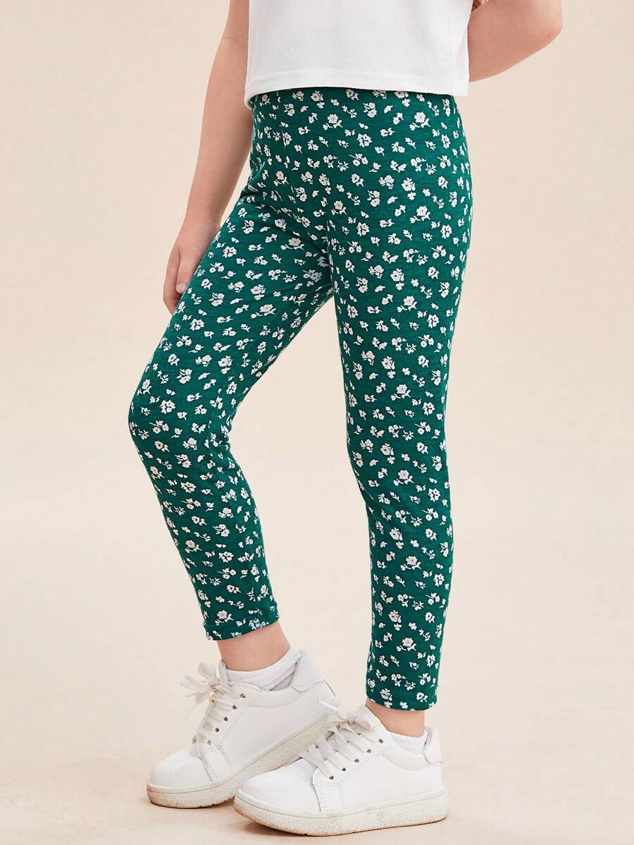 SHEIN Leggings con estampado de flores diminutas para niña joven, en color verde
