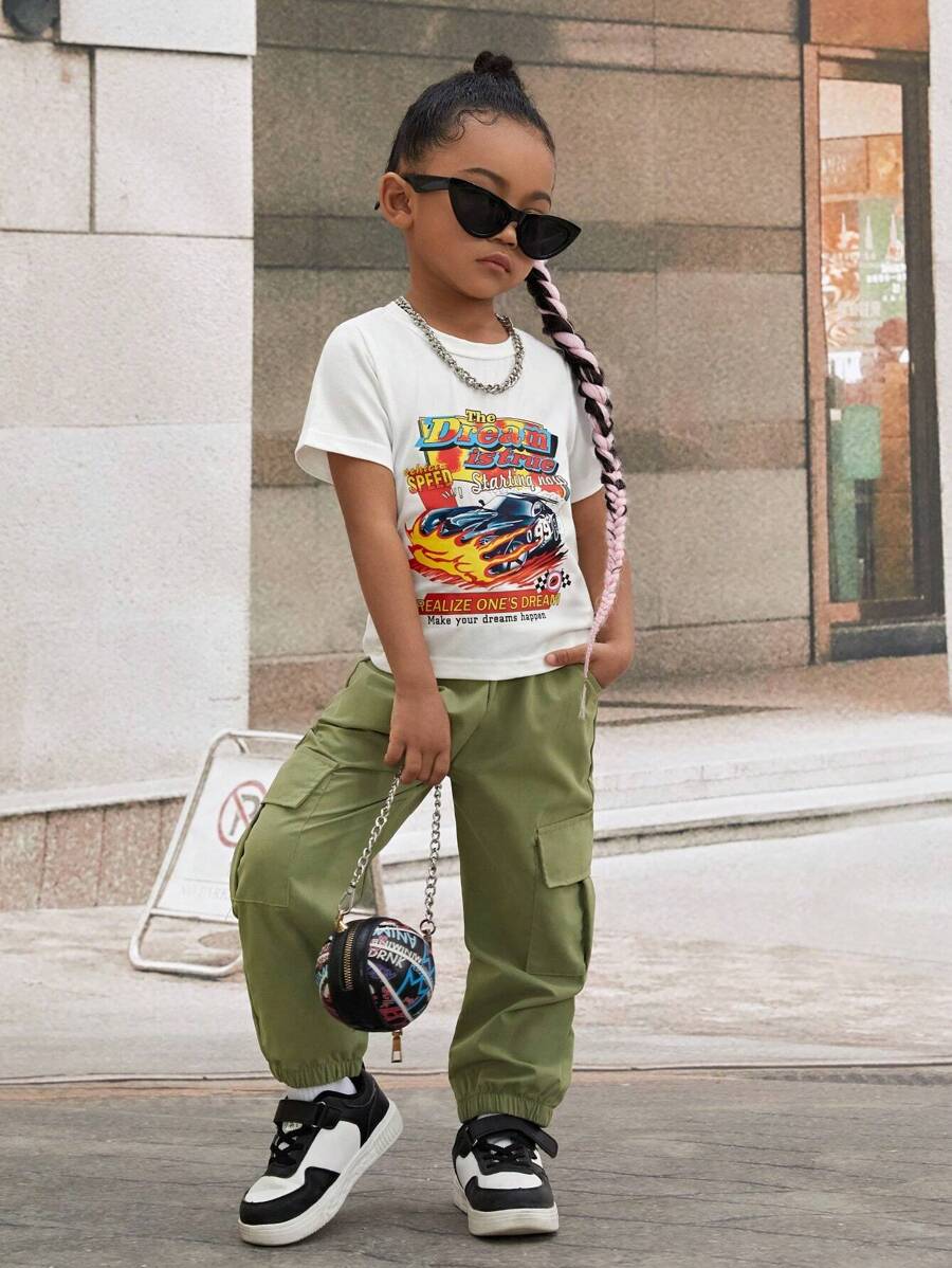 SHEIN Young Girl Car & Letter Graphic Tee & Flap Pocket Cargo Pants