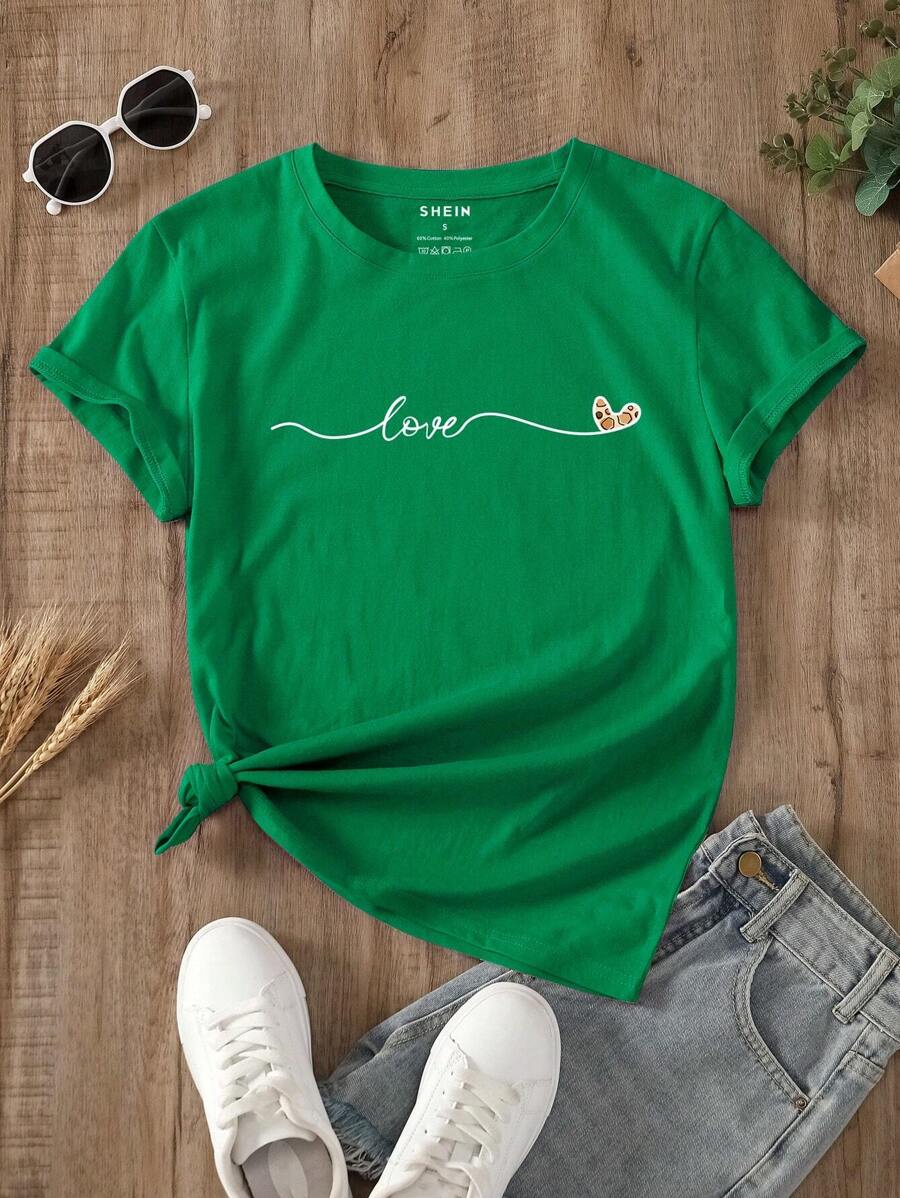 INAWLY Heart And Letter Graphic Tee Graphic Tees Women Tops