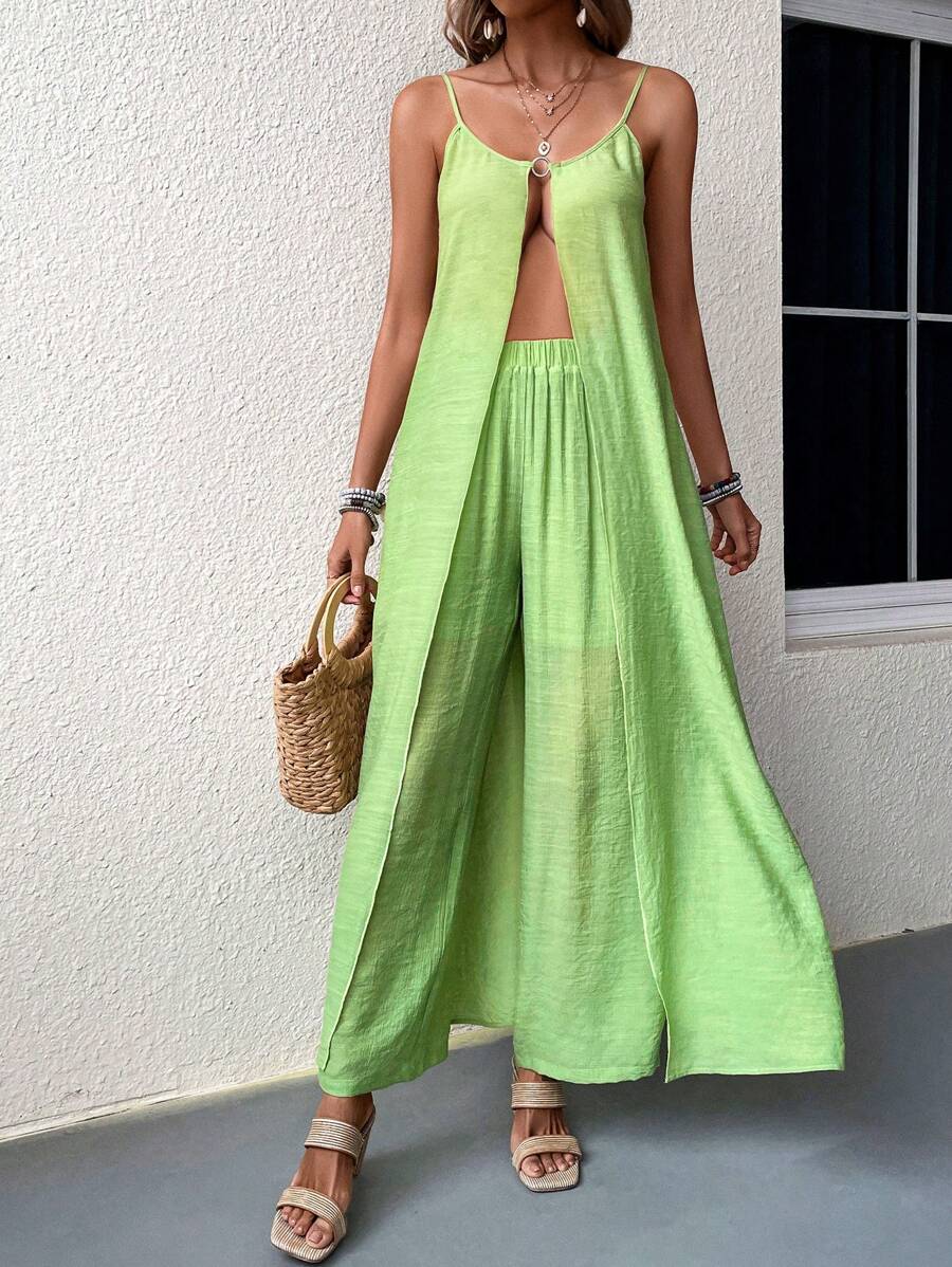 Breezaya Solid Split High Cami Top & Wide Leg Pants