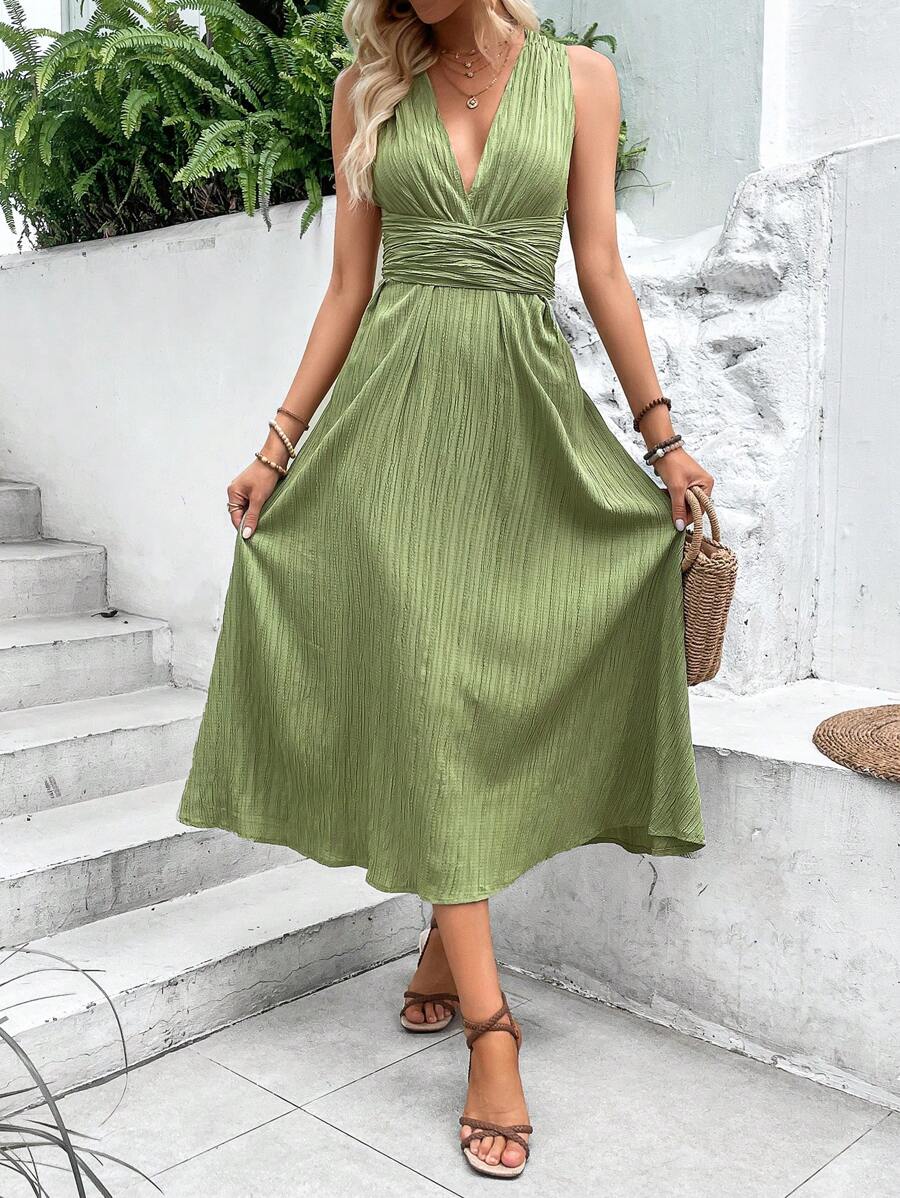 Breezaya Plunging Neck Criss Cross Tie Back Dress