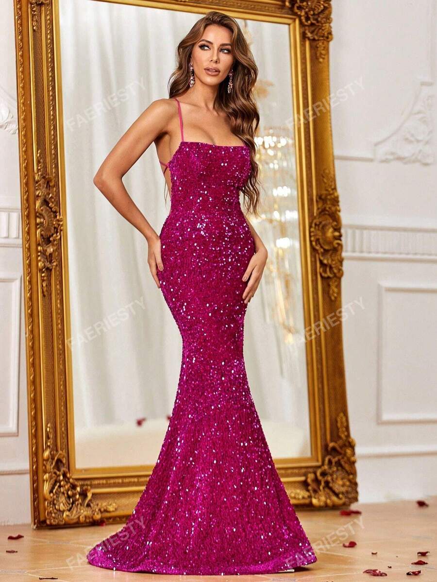 Crisscross Backless Sequin Cami Formele Jurk Elegante Prom Avond Bruiloft Gast Jurk, Voor Afstuderen, Diner