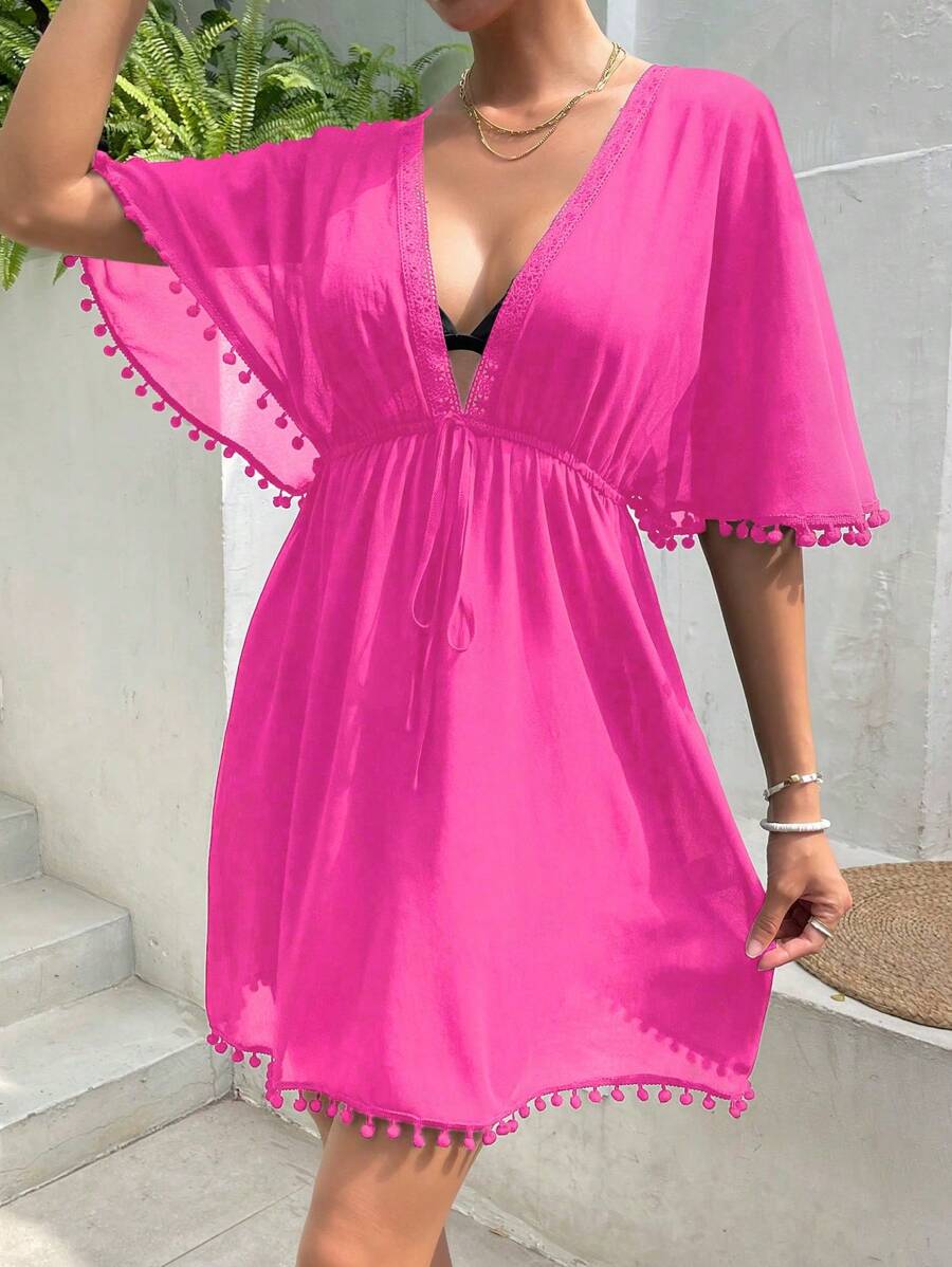 SHEIN Swim Pom Pom Trim Tie Front Cover Up Dress,Summer Beach