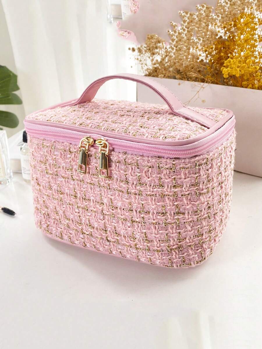 1 Peça Bolsa de Cosméticos Portátil Diária de Grande Capacidade com Estampa Listrada Dourada, Organizador de Viagem de Toucador, Essenciais de Presente, Acessórios com Zíper, Unhas