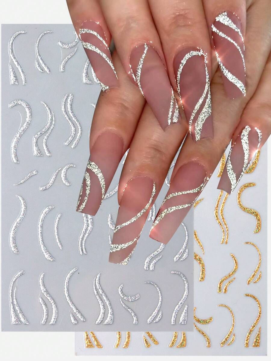 FULL BEAUTY 2sheets Silver Glitter Stripe Nail Art Sticker, French 3D Nail Decals Stripe Swirl Line Nail Design Nail Art Supplies Nail Stickers DIY