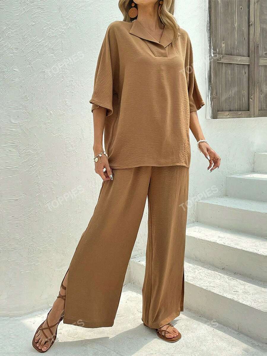 Solid Batwing Sleeve Top & Split Hem Wide Leg Pants