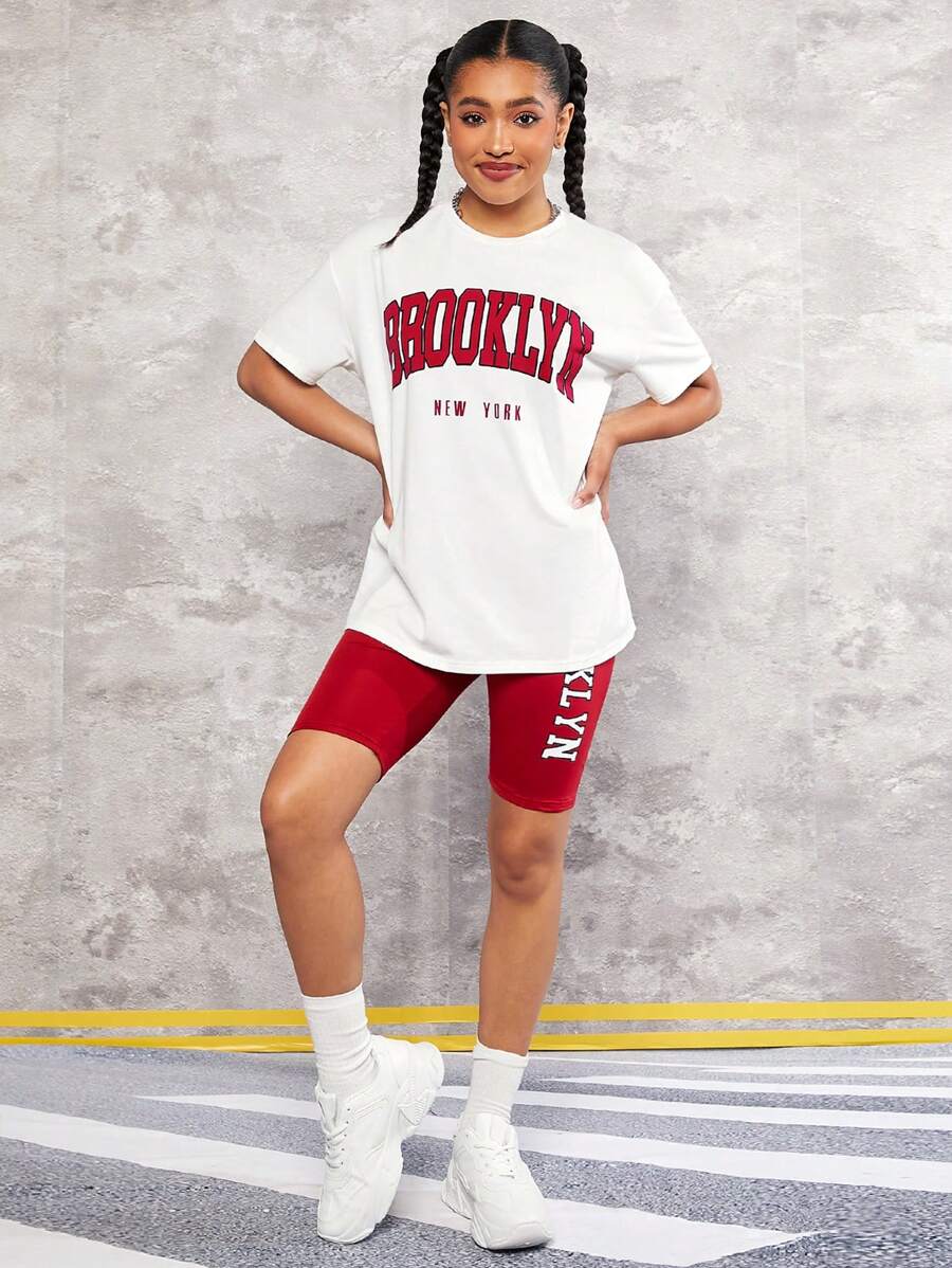 SHEIN Ragazze Adolescenti con grafica lettera Maglietta con spalla cadenti & Pantaloncini da ciclismo