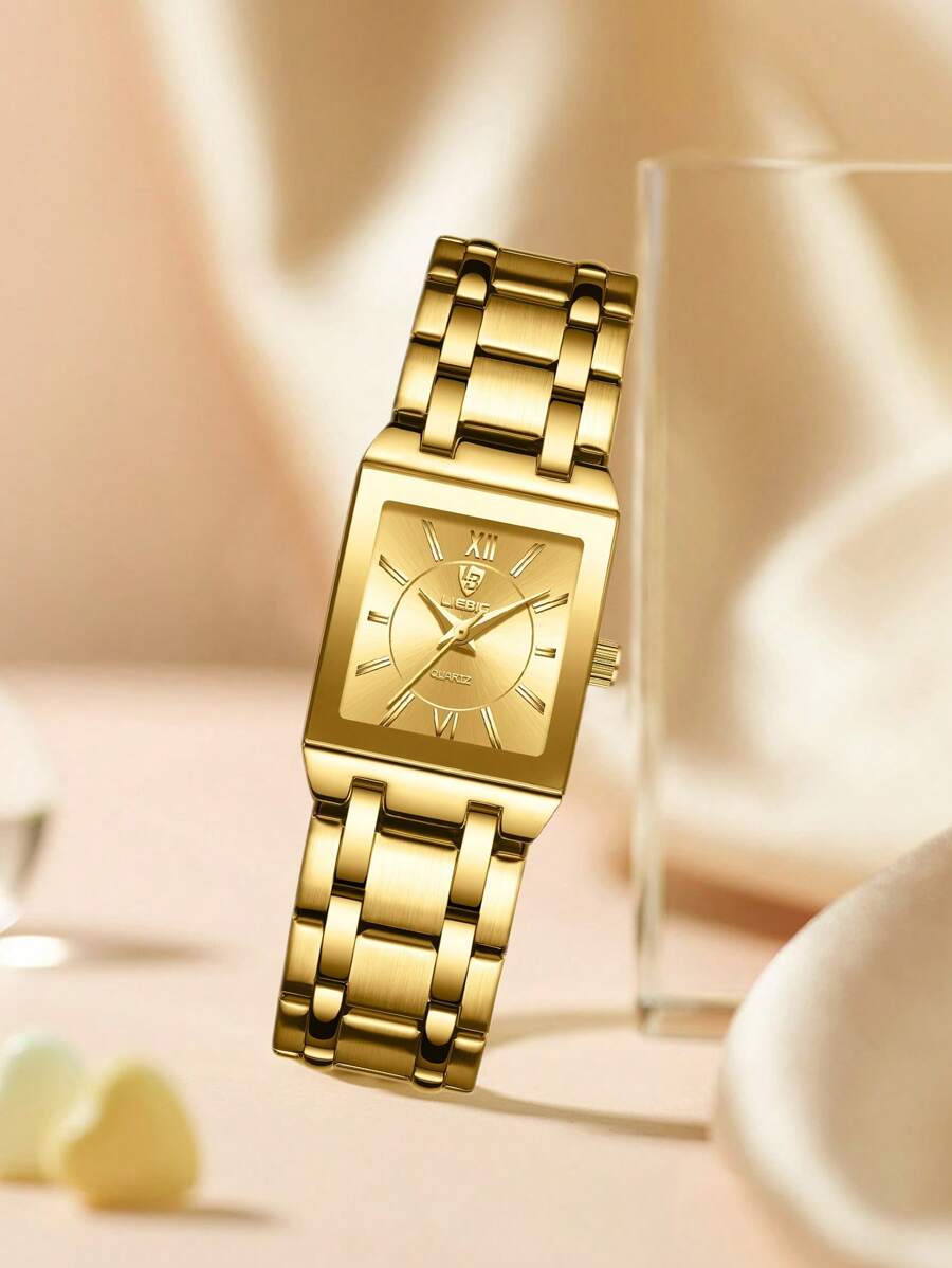 LIEBIG Hombres Mujer 1 pieza dorado de acero inoxidable con tira de moda cuadrado esfera cuarzo para vida diaria
