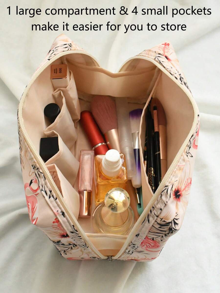 Multifunctional Cosmetic Bag,1PC,Cottagecore,Flamingo, Water-Proof Large Capacity Makeup BagTravel Organizer Toiletry Pouch Portable Aesthetic Storage Case Beach Holiday Accessories Boho Style Vanity Case Big Size Gym Bag