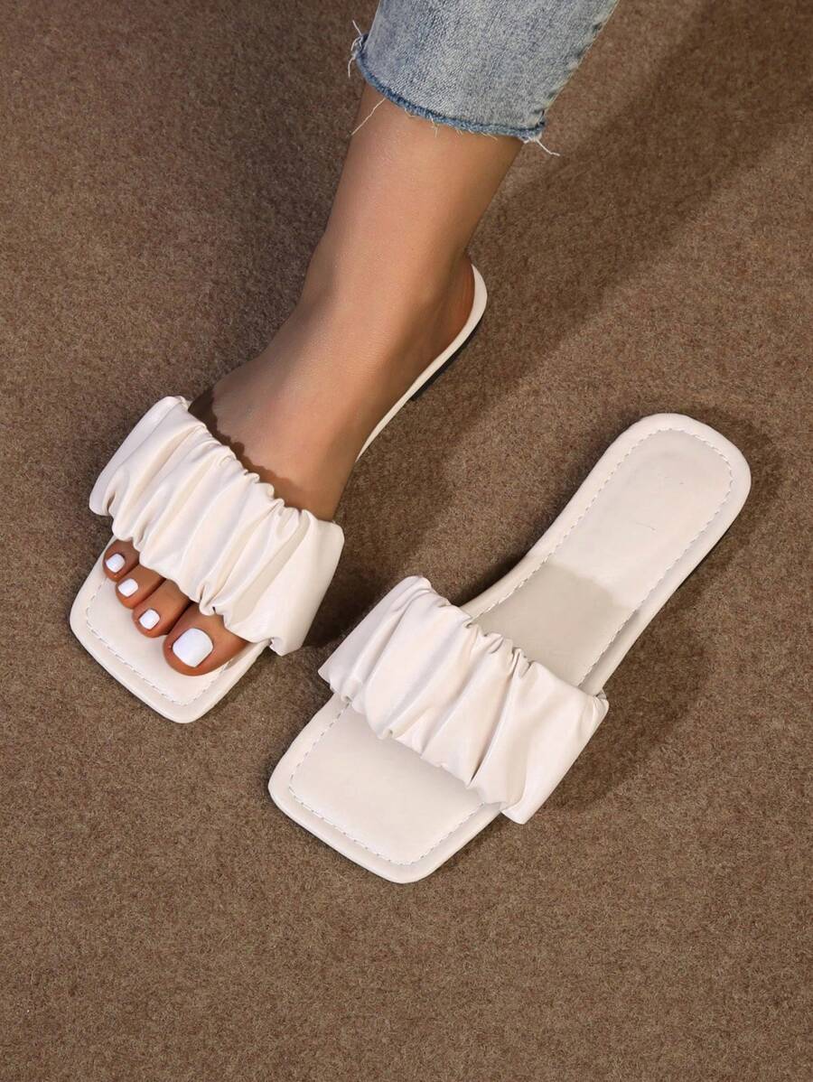 Yp-278 Beige,Ladies' Wrinkles Beige Leisure Fashion Square-Toe Flat Mules