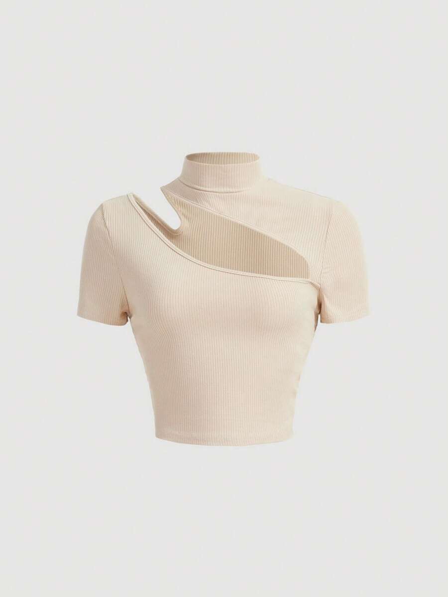 SHEIN MOD Cut Out Mock Neck Ribbed Knit Tee