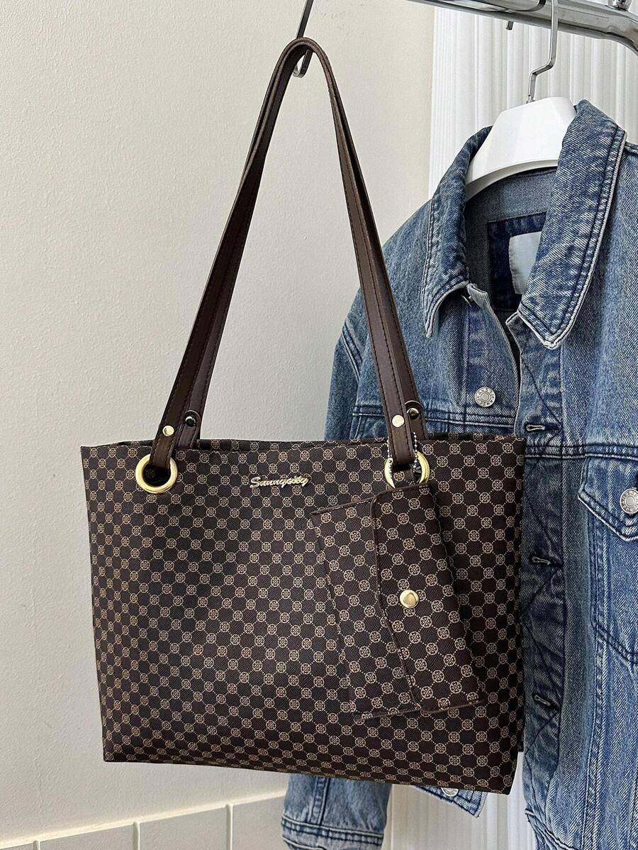 Bolsa Tote de Ombro com Bolsa de Moedas Padronagem Geométrica, Bolsa Feminina Elegante Estilo Dinheiro Antigo em