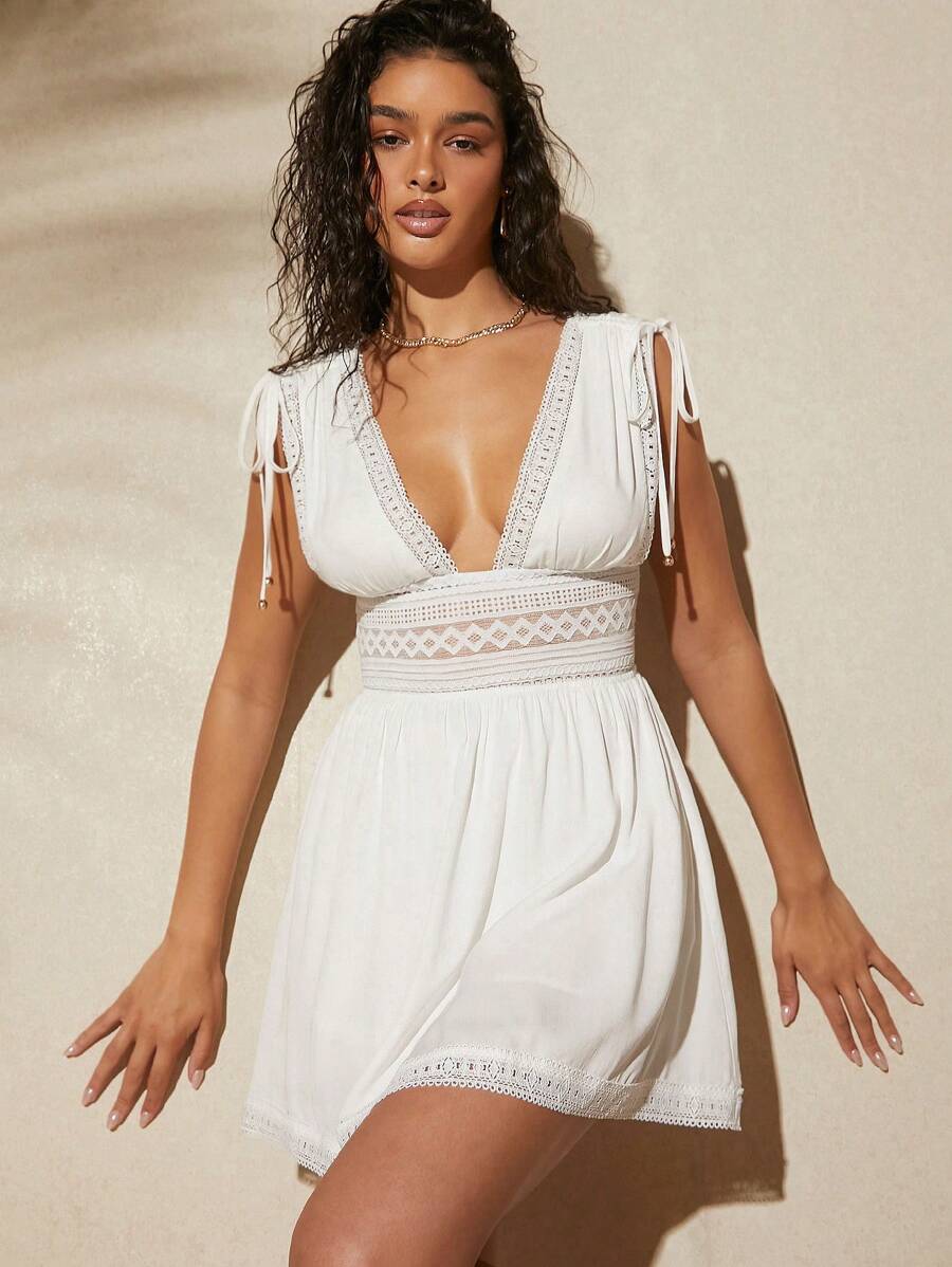 Travachic Plunging Neck Drawstring Shoulder Guipure Lace Trim Dress