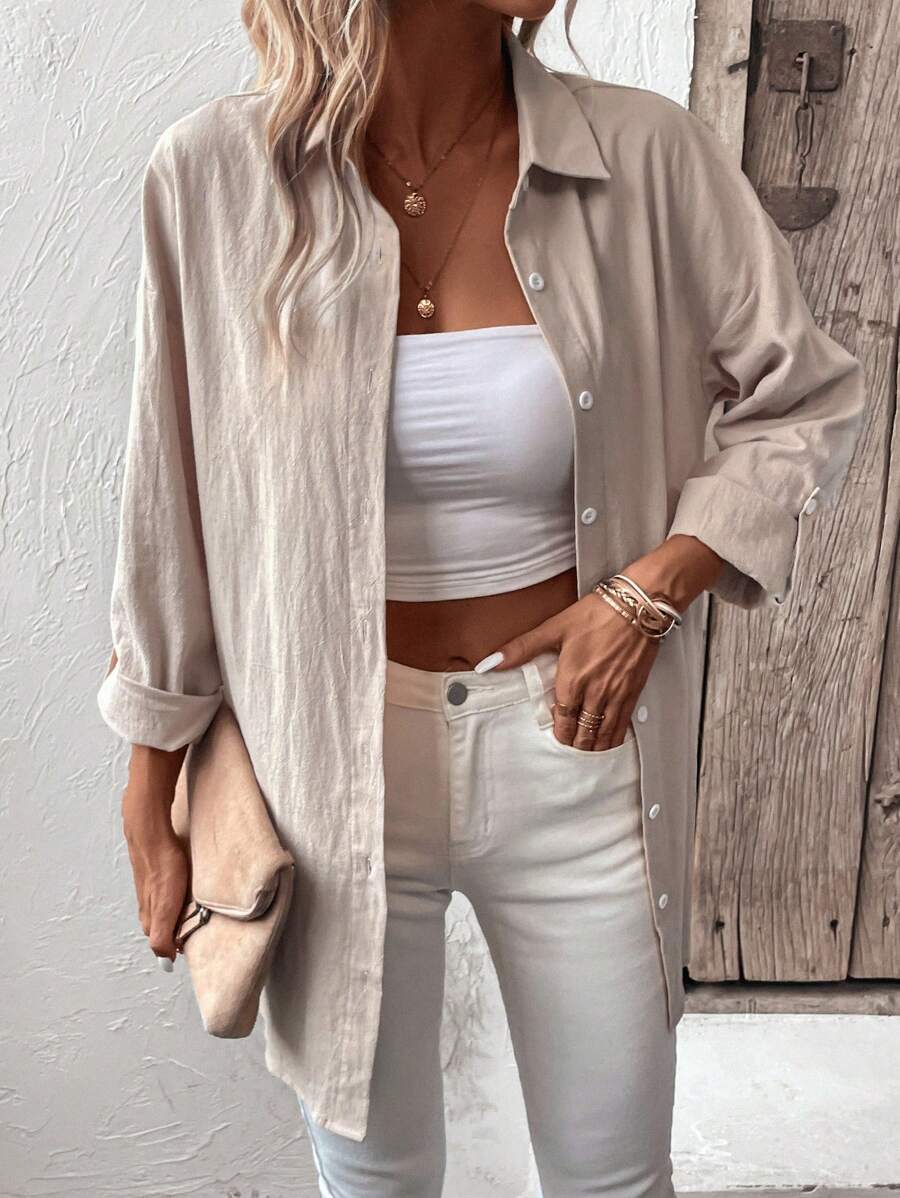 SHEIN LUNE Solid Button Front Drop Shoulder Shirt