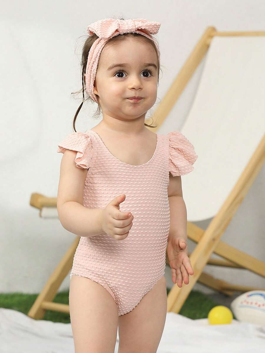 Baby Girl Ruffle Trim One Piece Swimsuit With Headband