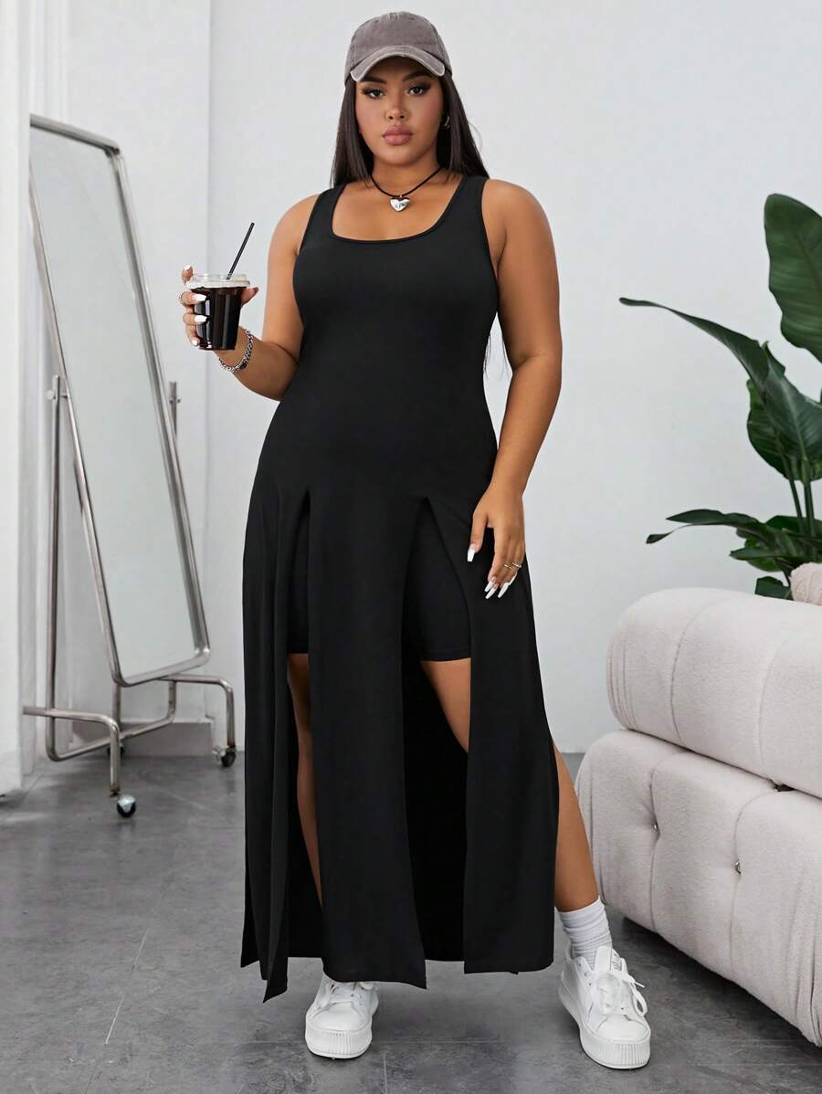 SHEIN EZwear 2pcs Women Plus Size Solid Color Square Neck Sleeveless Top With Split Hem Shorts Set, Casual