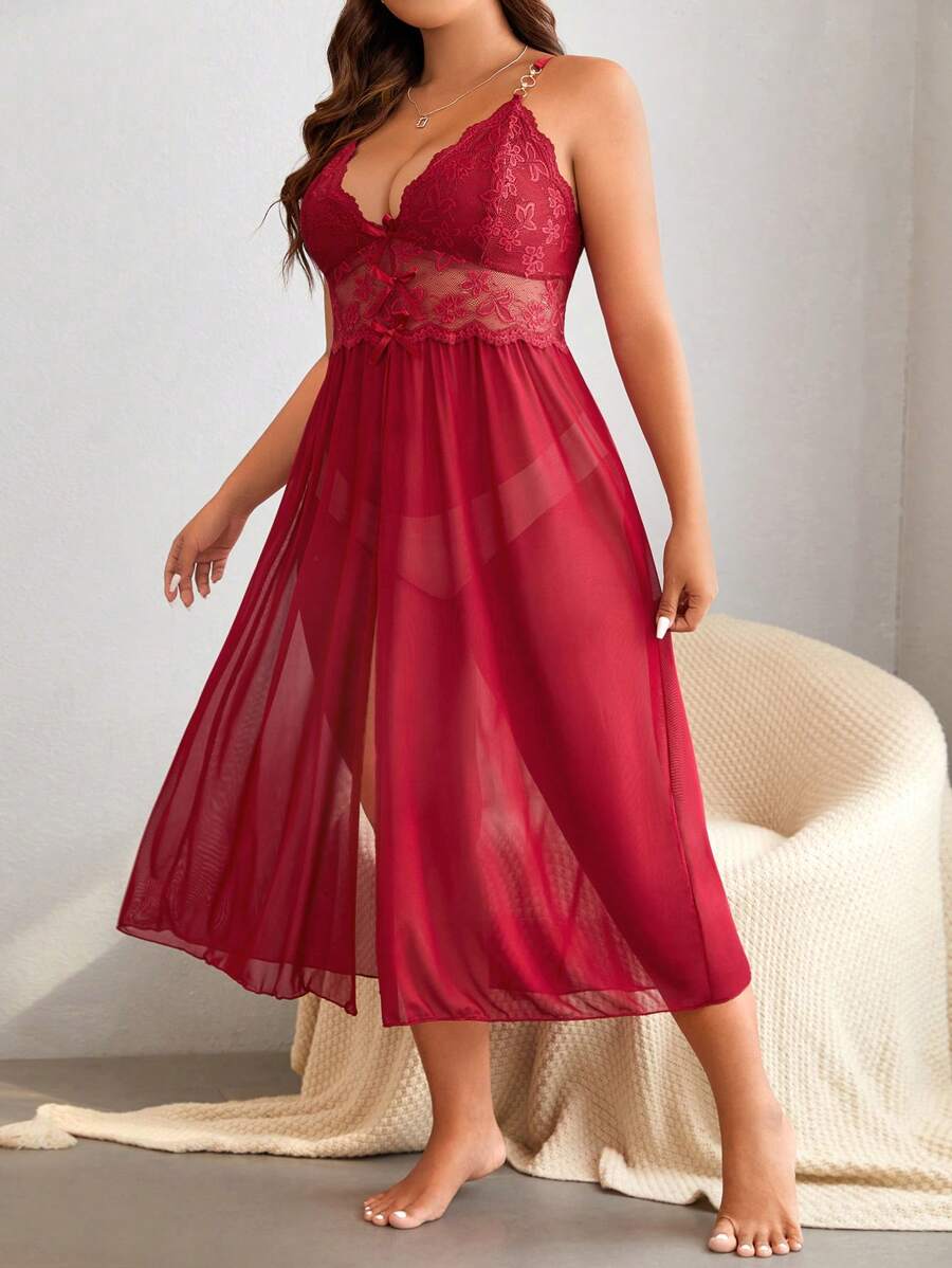 Plus Contrast Lace Mesh Slip Night Dress Without Thong