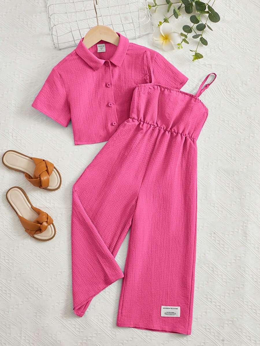 SHEIN Meninas Da Criança Carta Corrigida Macacão Cami & Sólido Camisa