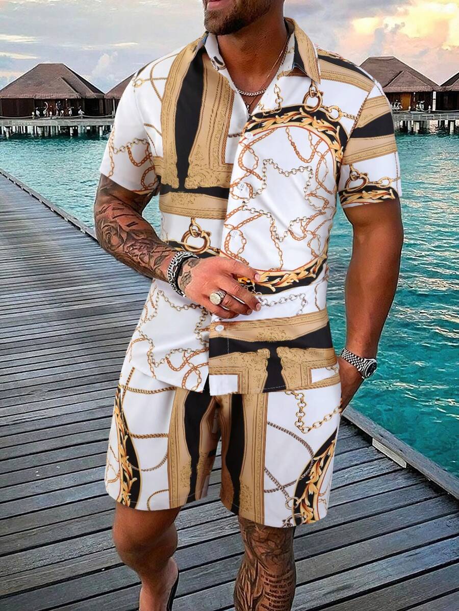 Manfinity RSRT Hombres al azar con estampado de cadena Camisa & Shorts