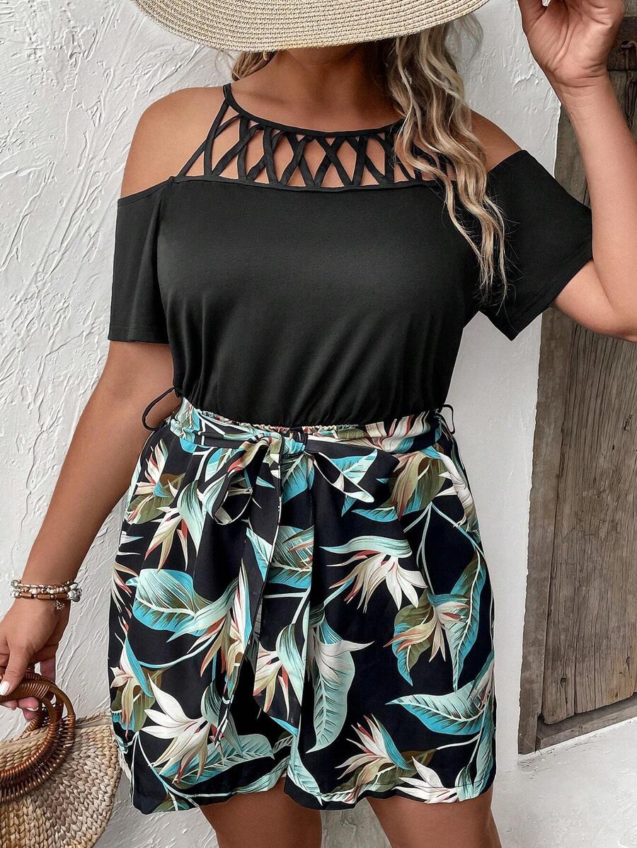 Breezaya Plus Tropical Print Cold Shoulder Belted Romper
