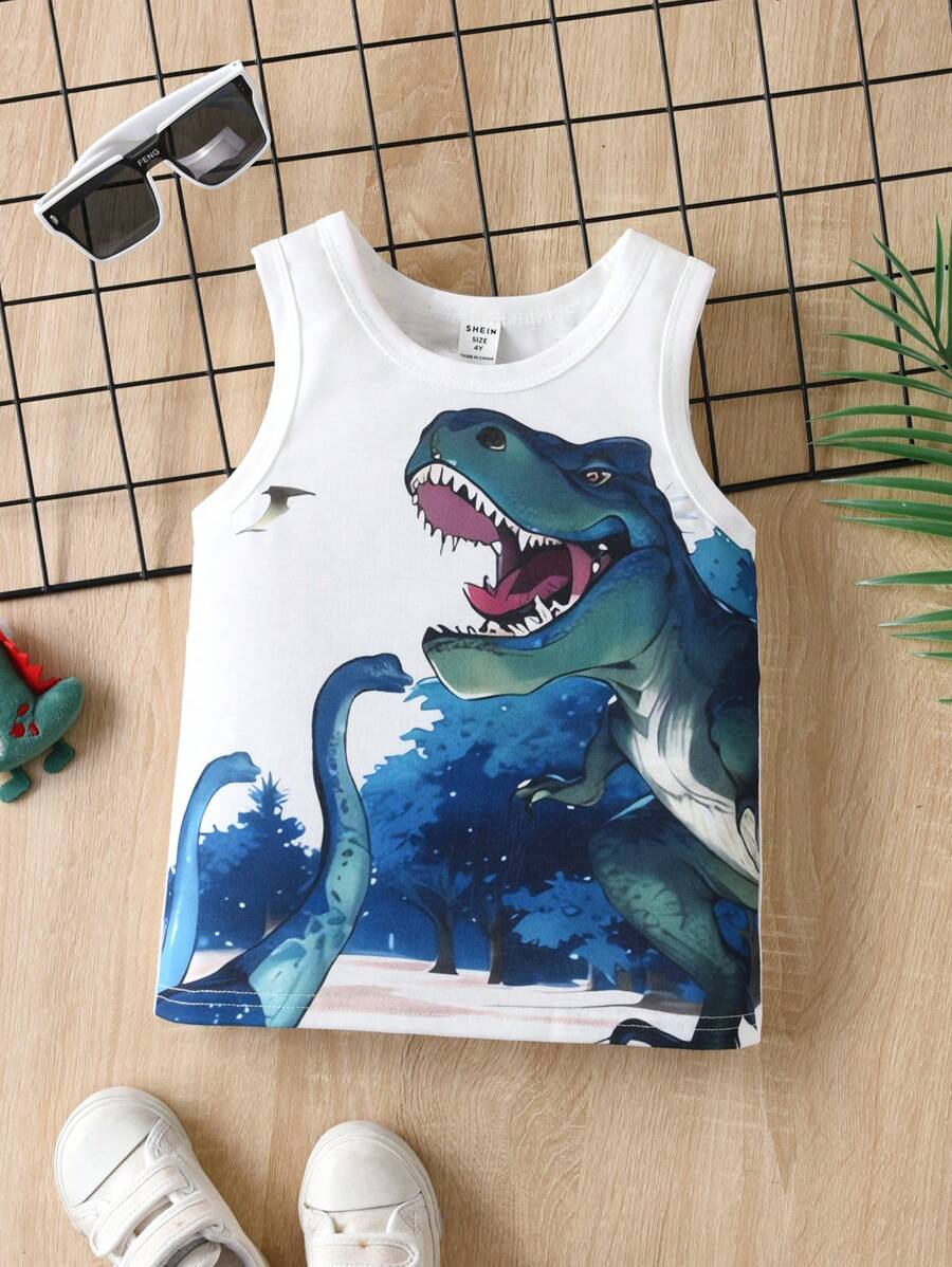 SHEIN Camiseta Sin Mangas Con Estampado De Dinosaurio Para Niños Jóvenes